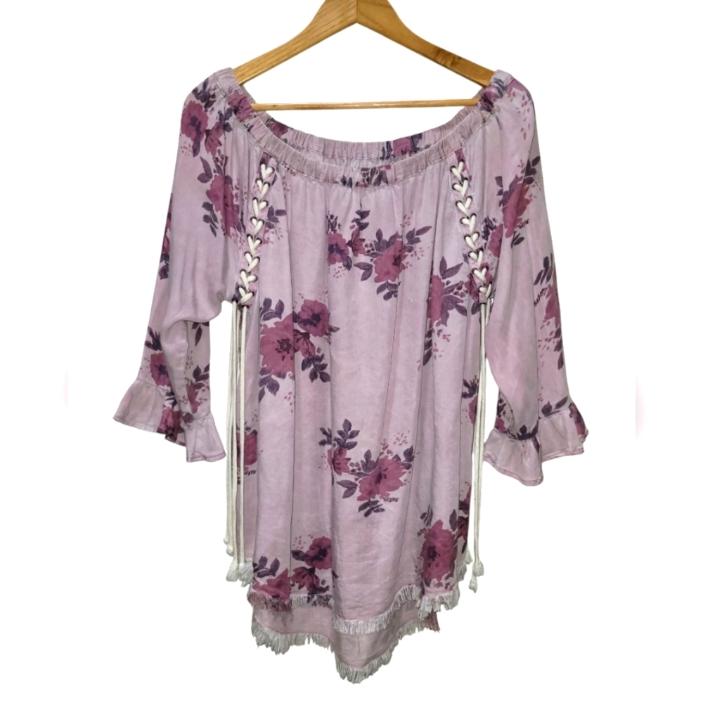 XL 100% Lyocell Off The Shoulder Ruffled Sleeves Fring Hem Tunic